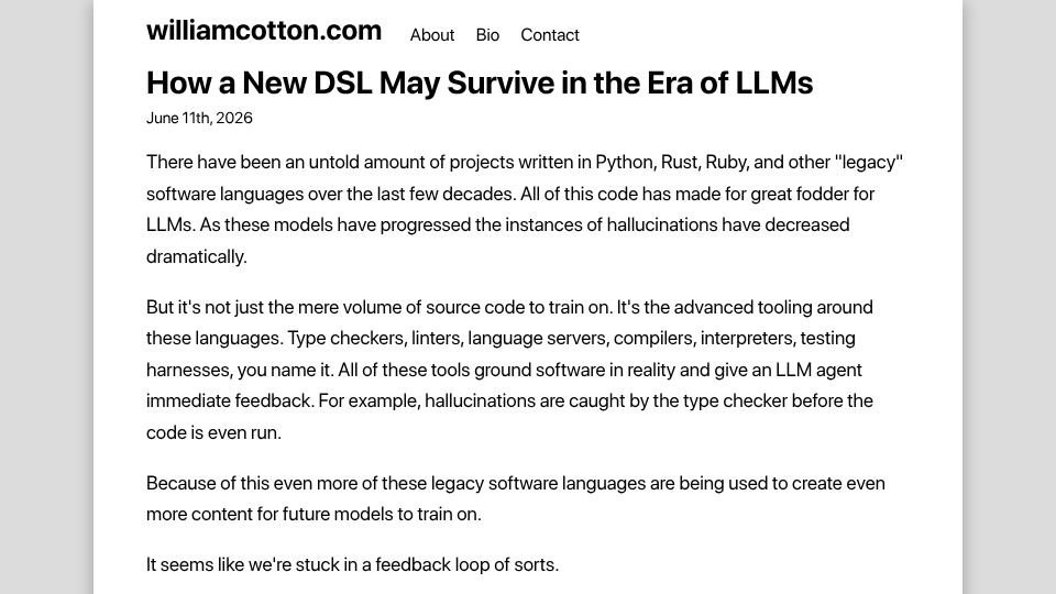 Screenshot of williamcotton.com: How a new DSL may survive in the era of LLMs