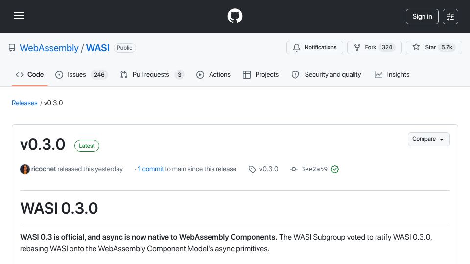 Screenshot of bytecodealliance.org: WASI 0.3