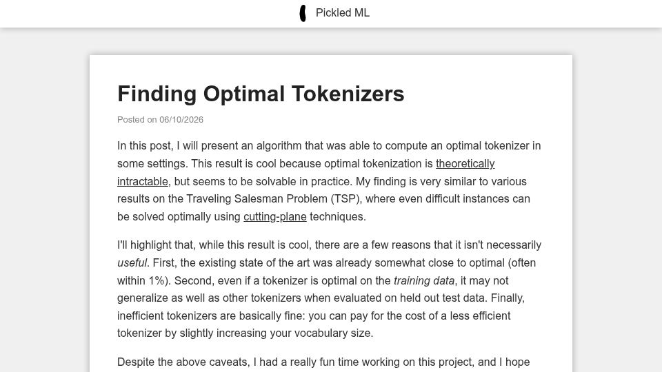 Screenshot of blog.aqnichol.com: Finding Optimal Tokenizers
