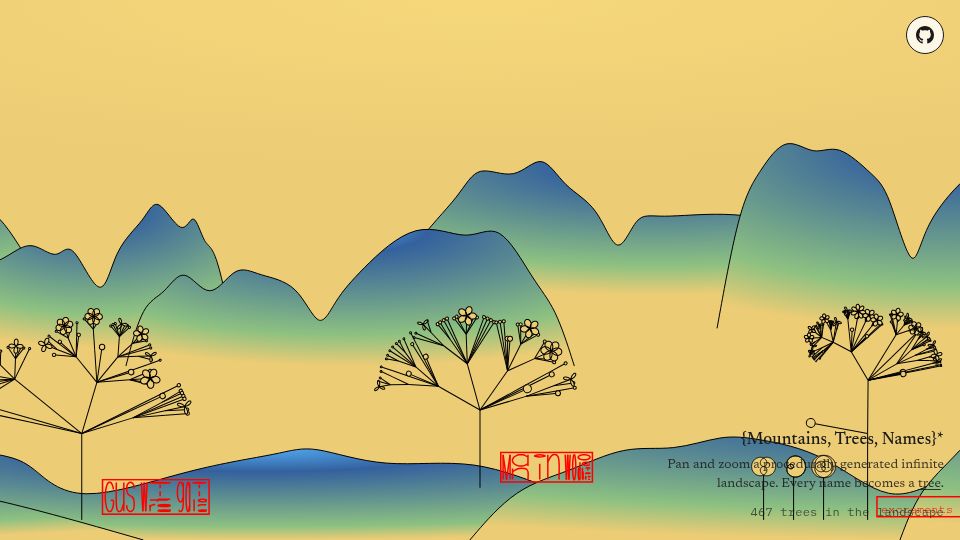 Screenshot of landscape.bairui.dev: Show HN: Turn your name into a tree in an infinite procedural shanshui landscape