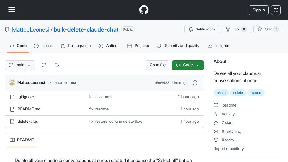 Screenshot of github.com: Show HN: Script to bulk delete Claude chats from the web UI