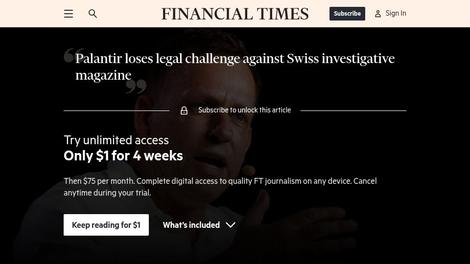 Screenshot of ft.com: Palantir loses legal challenge against Swiss investigative magazine