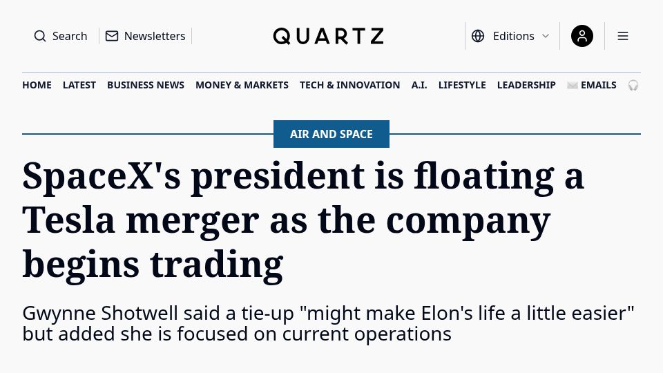 Screenshot of qz.com: SpaceX's president is floating a Tesla merger as the company begins trading