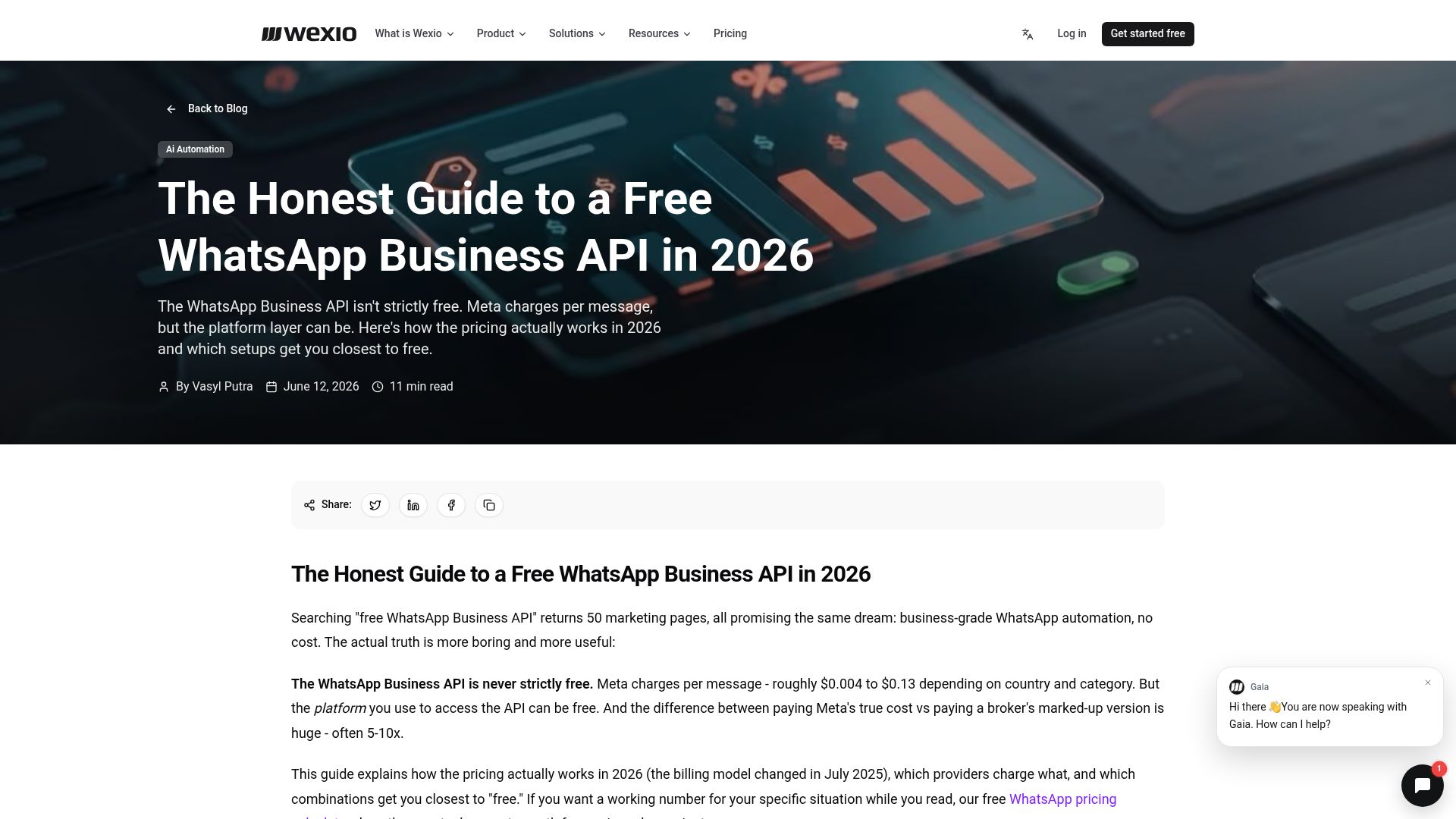 Screenshot of wexio.io: WhatsApp Business API pricing 2026: what's free and where markup hides