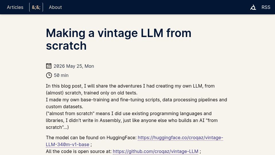 Screenshot of crlf.link: Making a vintage LLM from scratch