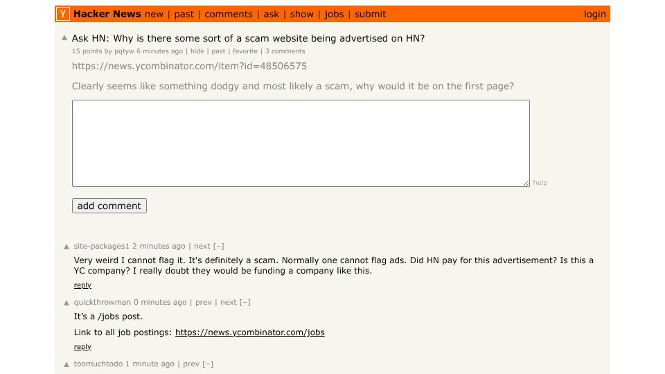 Screenshot of Hacker News post: Ask HN: Why is there some sort of a scam website being advertised on HN?