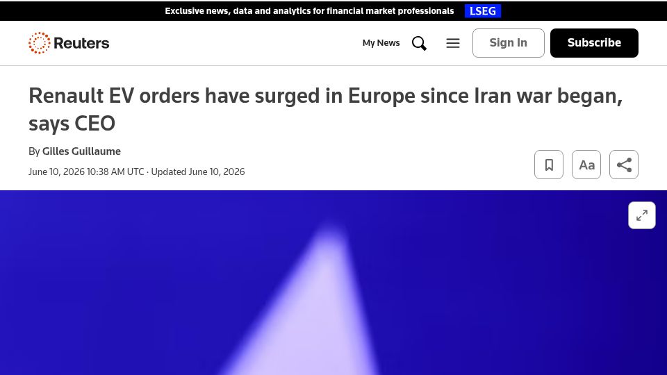 Screenshot of reuters.com: EV demand up 50% in France and Germany since Iran war