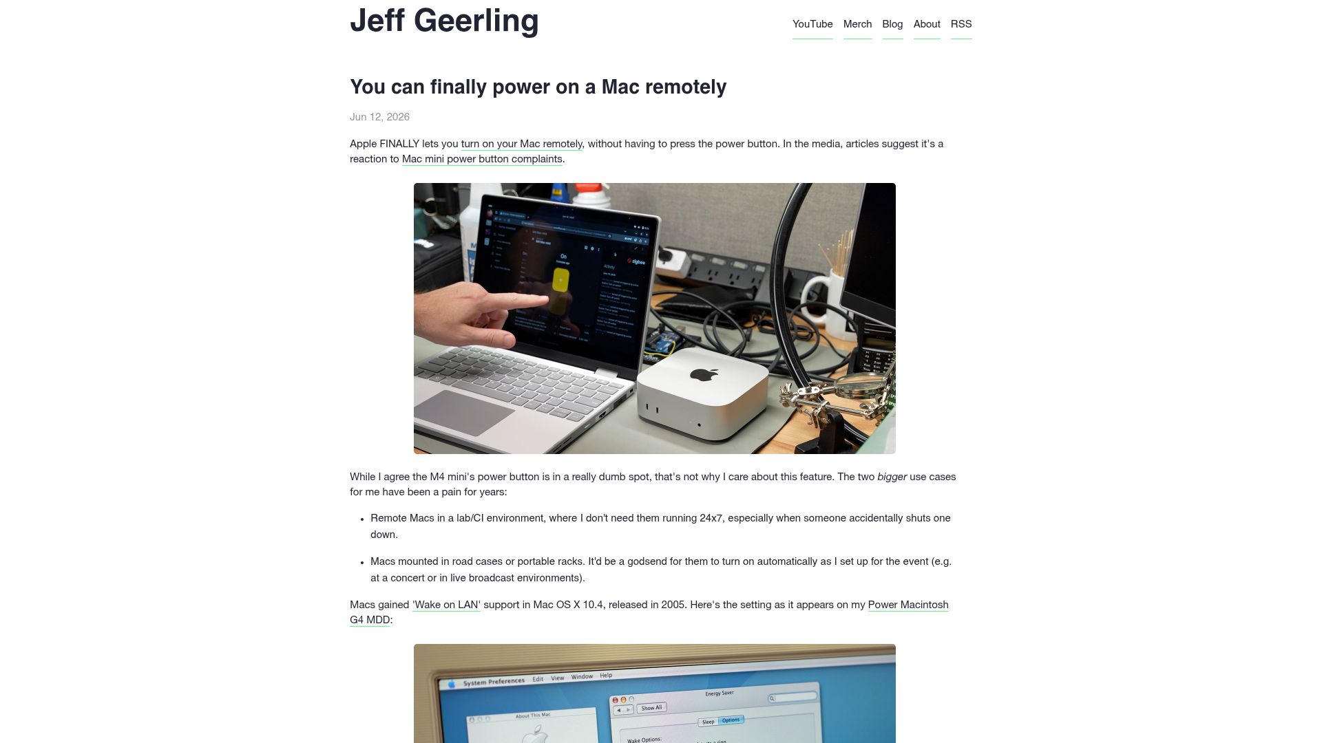 Screenshot of jeffgeerling.com: You can power on a Mac remotely