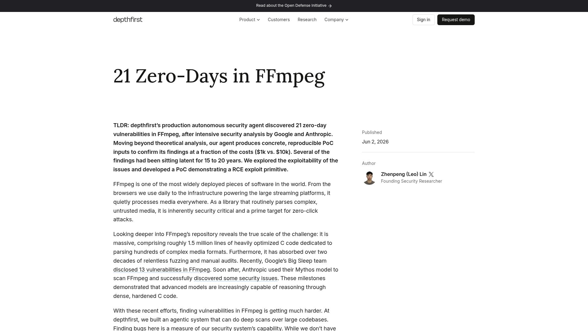 Screenshot of depthfirst.com: Twenty One Zero-Days in FFmpeg