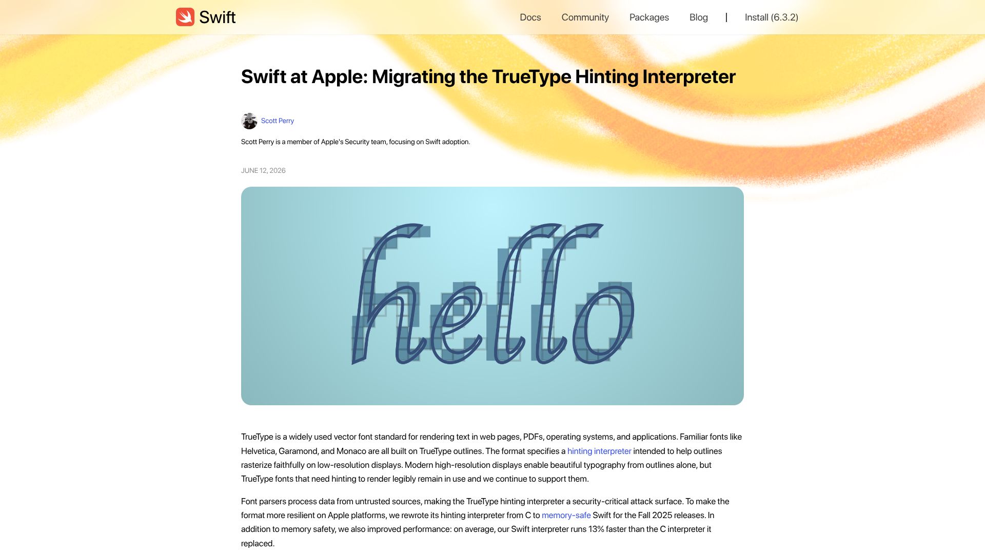 Screenshot of swift.org: Swift at Apple: Migrating the TrueType hinting interpreter