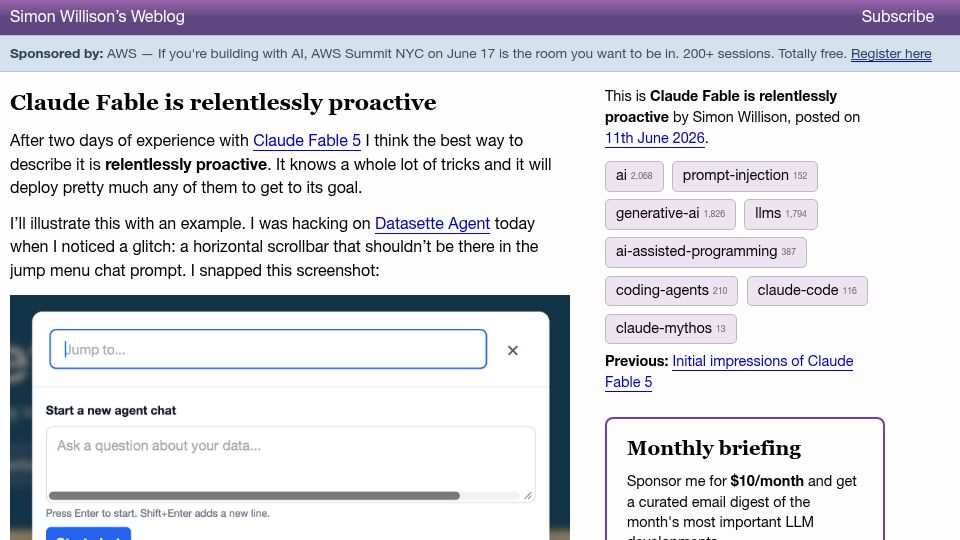 Screenshot of simonwillison.net: Claude Fable is relentlessly proactive