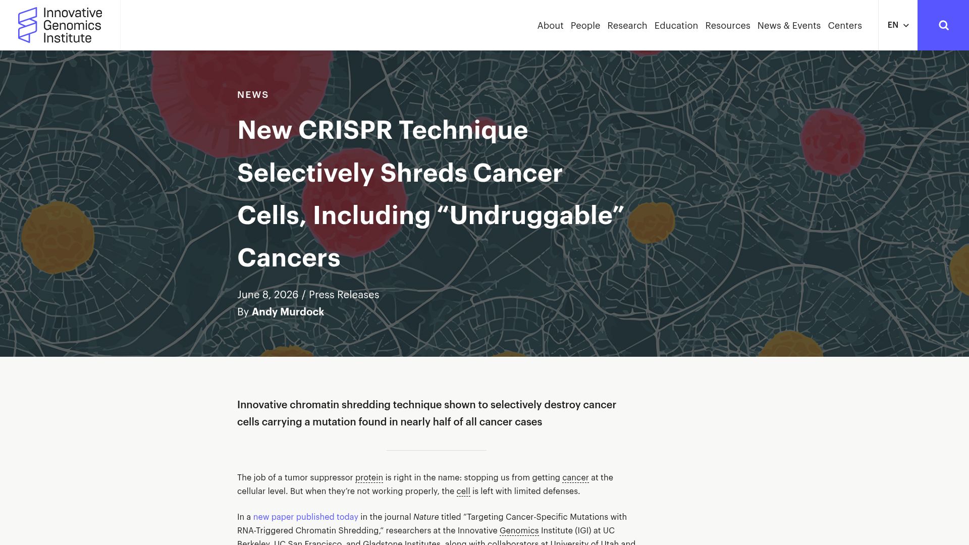 Screenshot of innovativegenomics.org: CRISPR tech selectively shreds cancer cells, including "undruggable" cancers