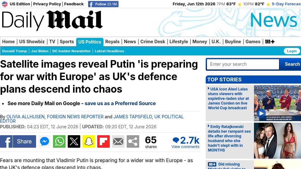 Screenshot of dailymail.com: Satellite images reveal Putin is preparing for war with Europe