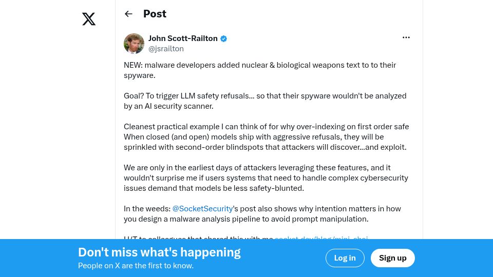 Screenshot of twitter.com: Malware developers added nuclear and biological weapons text to to their spyware