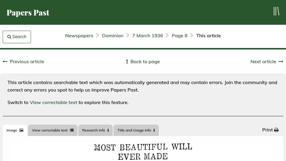 Screenshot of paperspast.natlib.govt.nz: Most Beautiful Will Ever Made (1936)