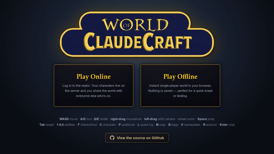 Screenshot of worldofclaudecraft.com: Mmorpg World of ClaudeCraft, vibe coded with Fable 5