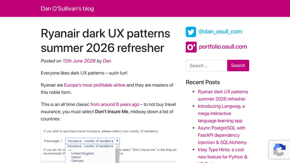 Screenshot of blog.osull.com: Ryanair dark UX patterns summer 2026 refresher