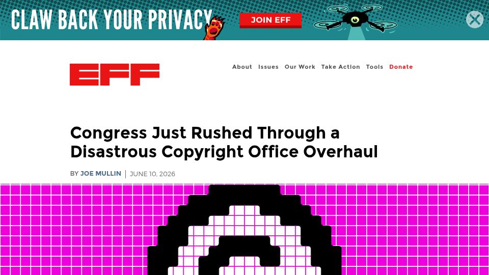 Screenshot of eff.org: H.R. 6028 would fundamentally change the U.S. Copyright Office