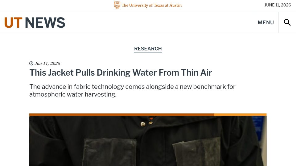 Screenshot of news.utexas.edu: A jacket that harvests drinking water from the air
