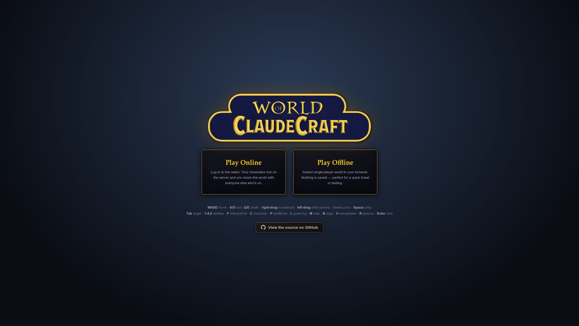 Screenshot of worldofclaudecraft.com: Mmorpg World of ClaudeCraft, vibe coded with Fable 5