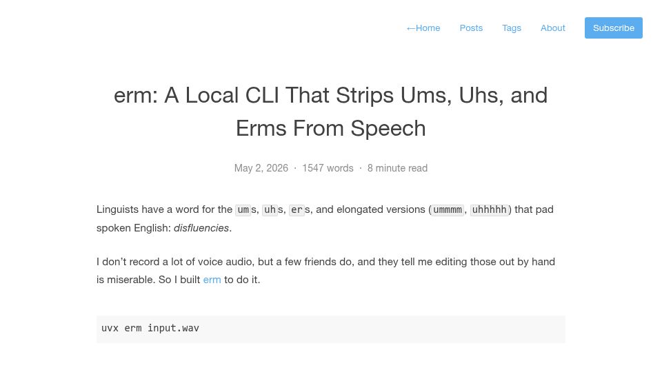 Screenshot of doug.sh: Removing 'um' from a recording is harder than it sounds