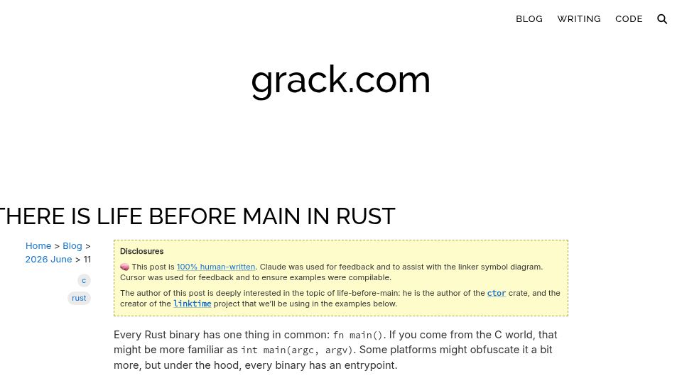 Screenshot of grack.com: There Is Life Before Main in Rust