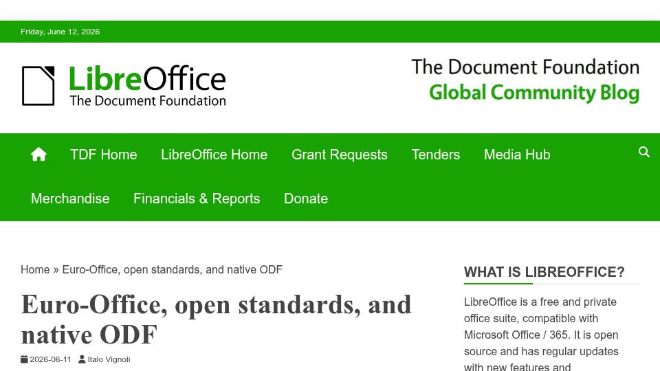 Screenshot of blog.documentfoundation.org: Euro-Office, open standards, and native ODF