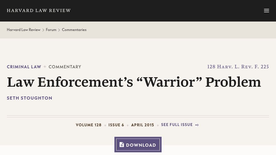 Screenshot of harvardlawreview.org: Law Enforcement's "Warrior" Problem (2015)