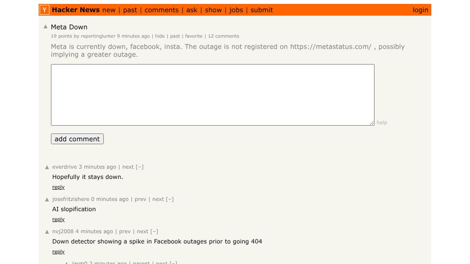 Screenshot of Hacker News post: Meta Down