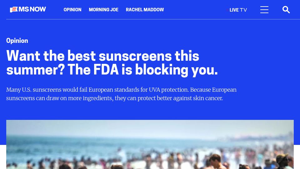 Screenshot of ms.now: European sunscreens are safer than American (2024)