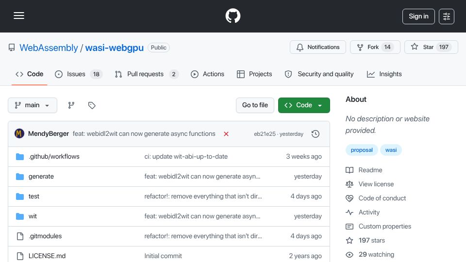 Screenshot of github.com: Wasi: WebGPU – A Proposed WebAssembly System Interface API