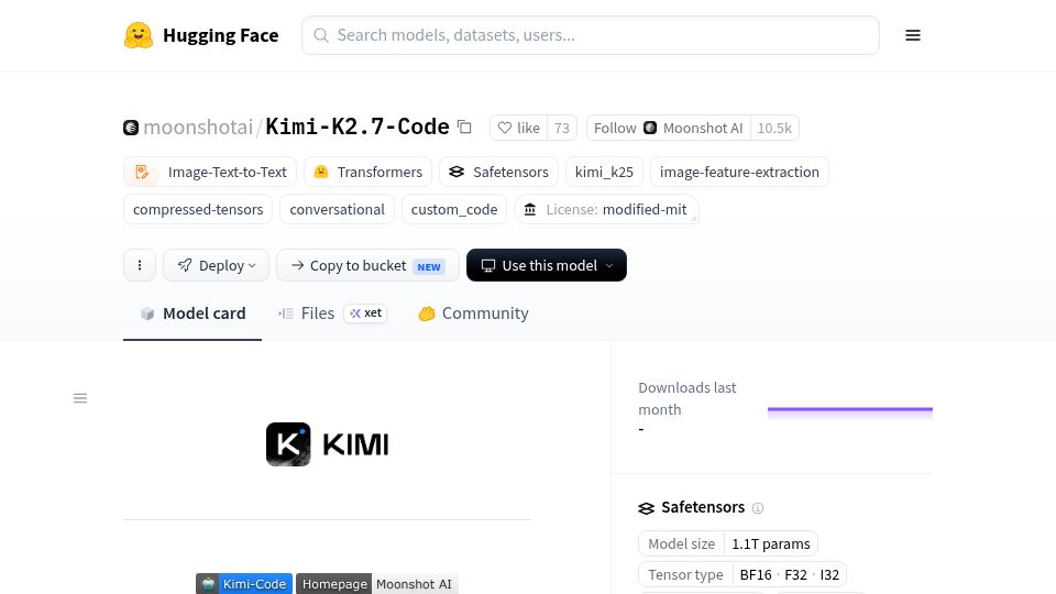 Screenshot of huggingface.co: Kimi K2.7-Code: open-source coding model with better token efficiency