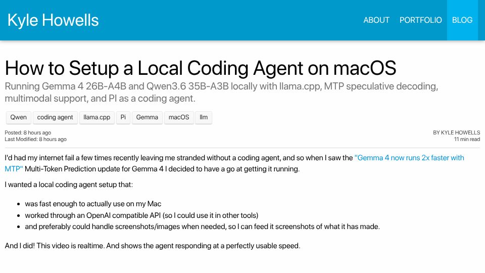 Screenshot of ikyle.me: How to setup a local coding agent on macOS