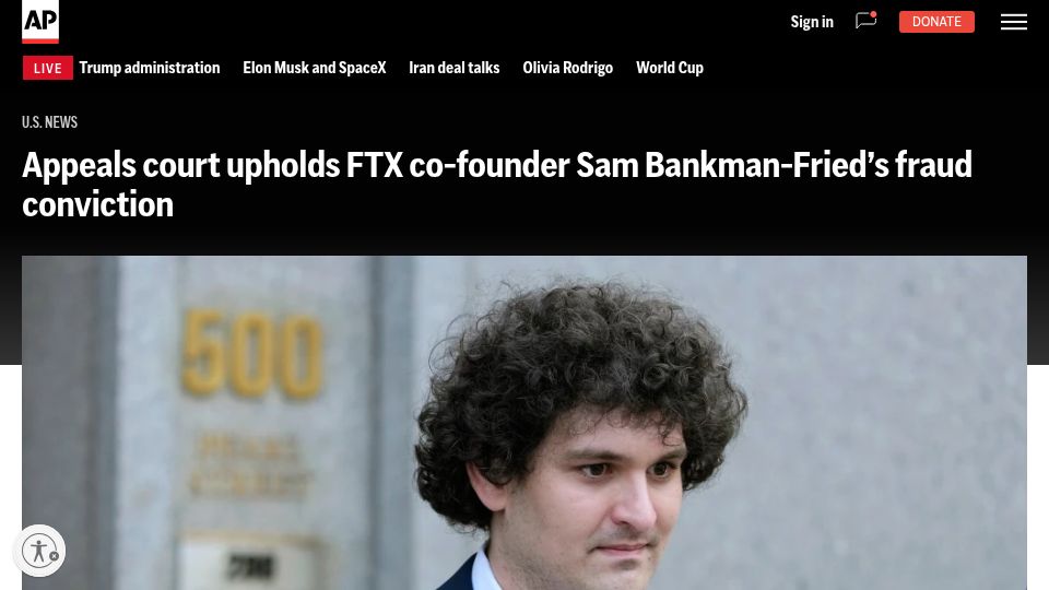 Screenshot of apnews.com: Appeals court upholds FTX co-founder Sam Bankman-Fried's fraud conviction