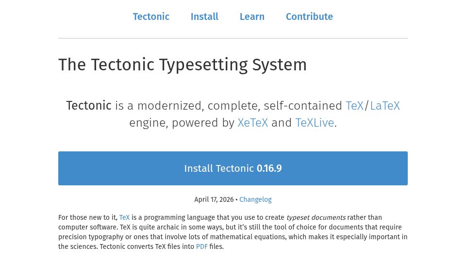 Screenshot of tectonic-typesetting.github.io: Tectonic: A modernized, complete, self-contained TeX/LaTeX engine