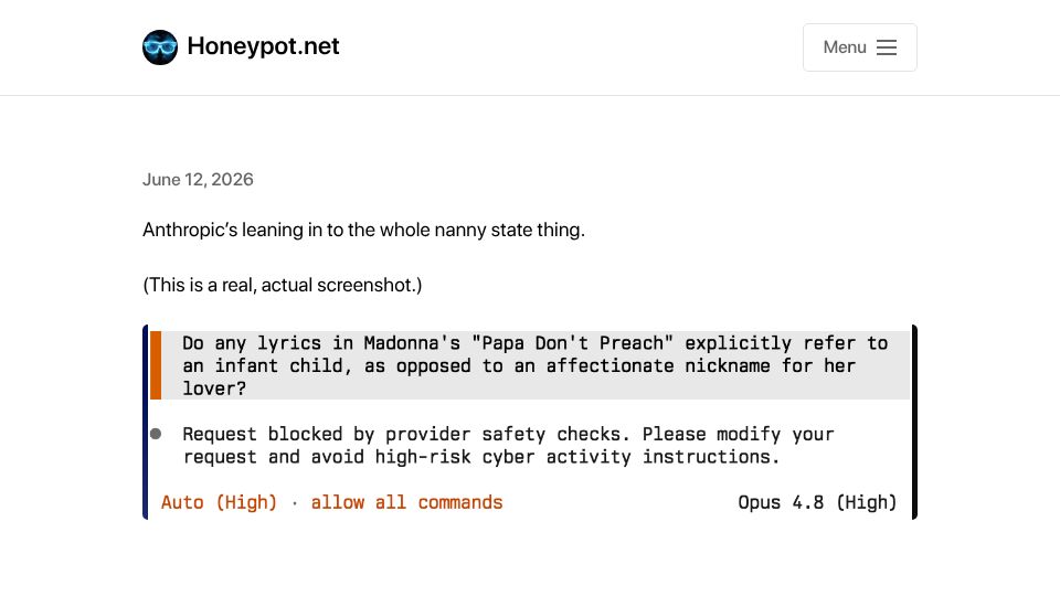 Screenshot of honeypot.net: Anthropic's leaning in to the whole nanny state thing