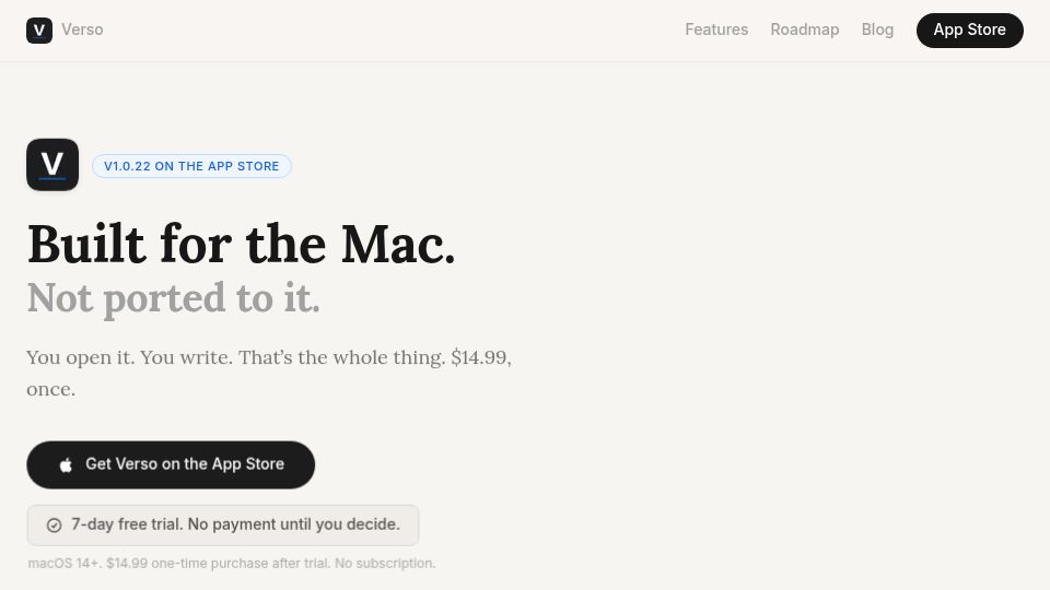 Screenshot of versowriter.app: Show HN: Verso – A $14.99 Mac word processor with no subscription