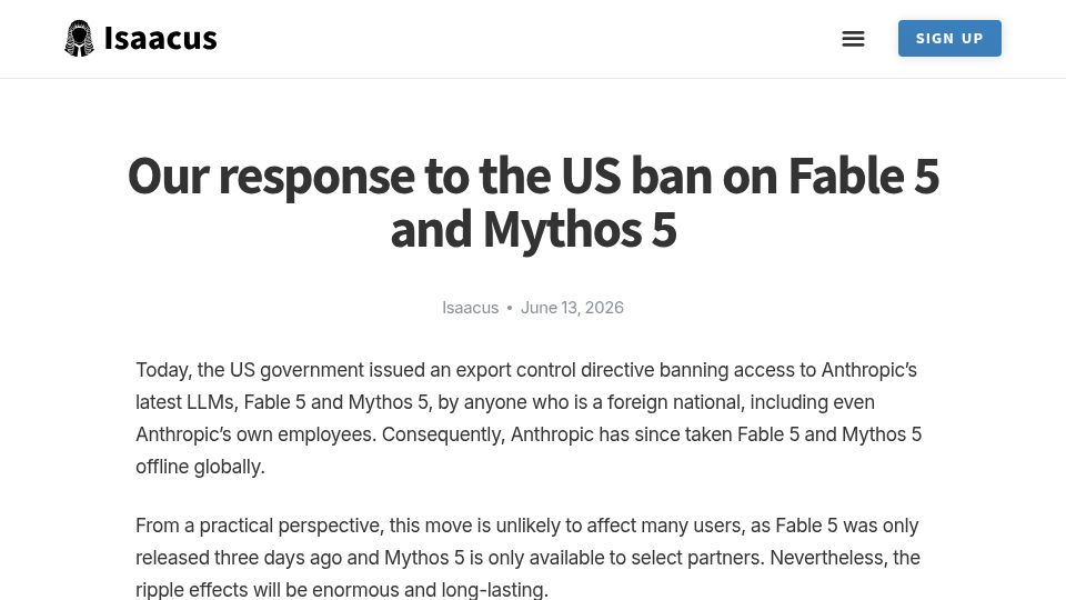 Screenshot of isaacus.com: Our response to the US ban on Fable 5 and Mythos 5