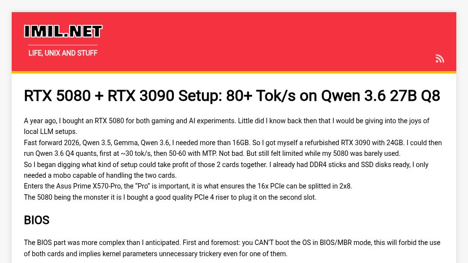 Screenshot of imil.net: RTX 5080 and RTX 3090 Setup: 80 Tok/s on Qwen 3.6 27B Q8