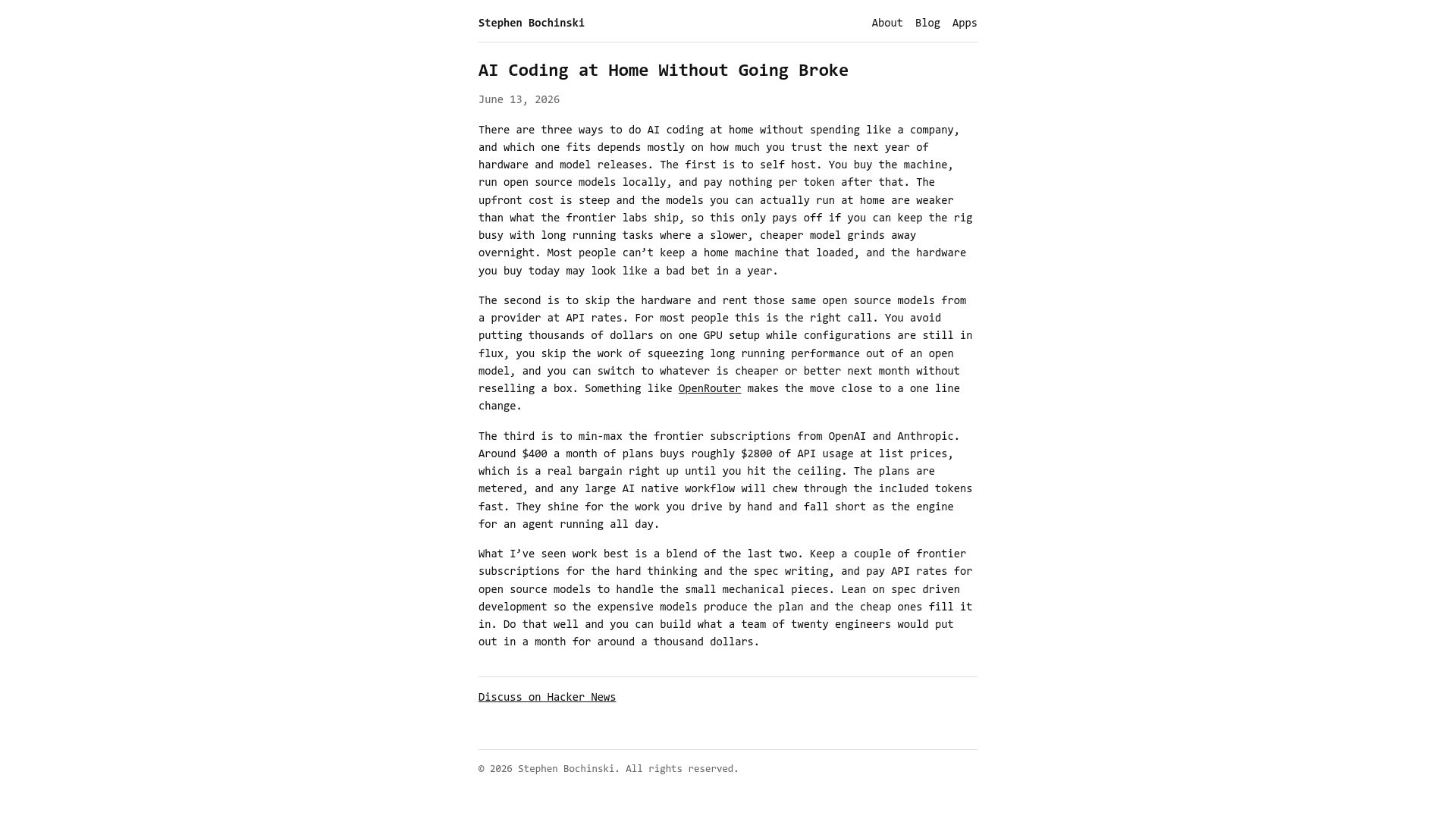 Screenshot of stephen.bochinski.dev: AI coding at home without going broke