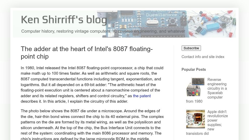 Screenshot of righto.com: The adder at the heart of Intel's 8087 floating-point chip