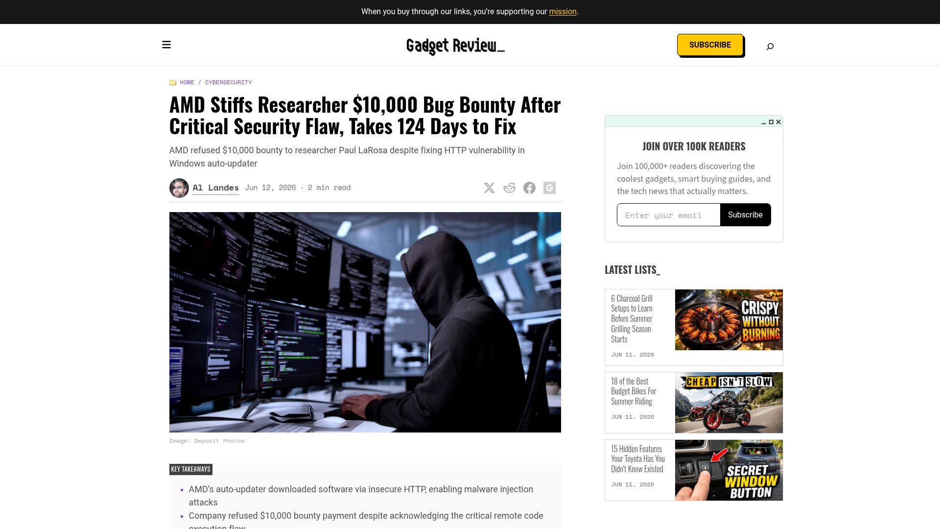 Screenshot of gadgetreview.com: AMD Stiffs Researcher $10k Bug Bounty