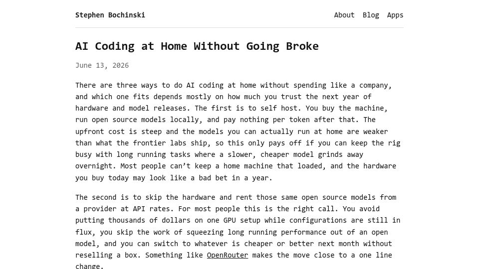 Screenshot of stephen.bochinski.dev: AI coding at home without going broke