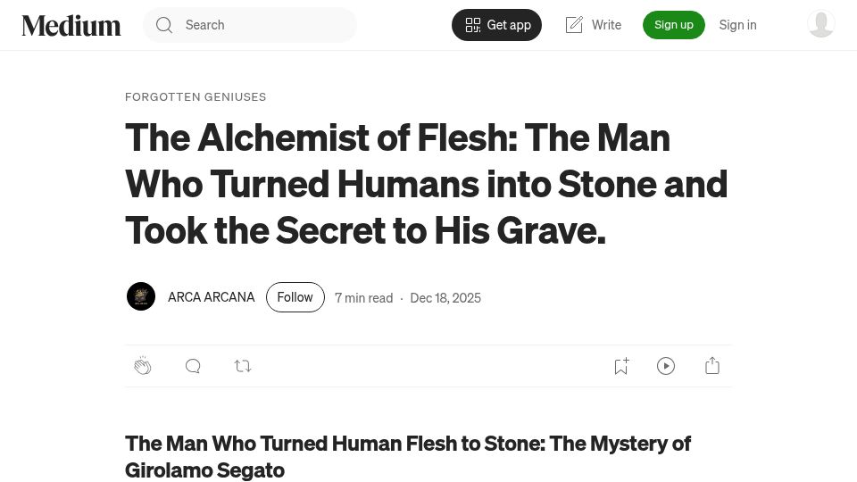 Screenshot of medium.com: The Alchemist of Flesh: The Man Who Turned Humans into Stone(2025)