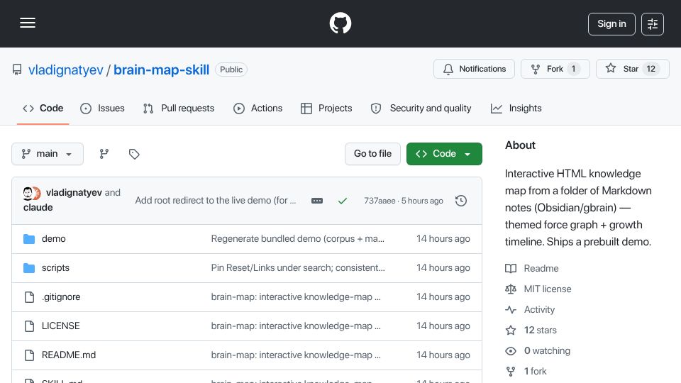 Screenshot of github.com: Show HN: Skill for your agent to visualize your gbrain and Obsidian