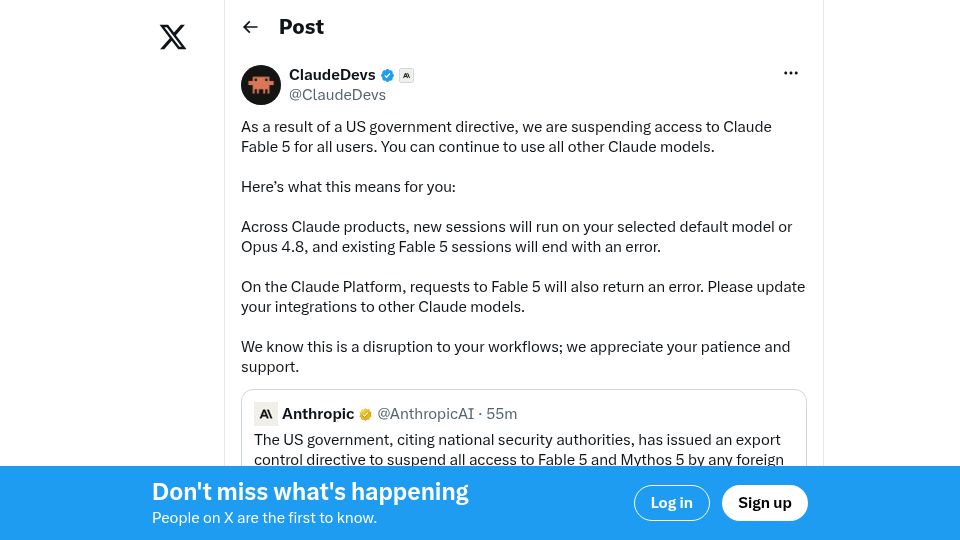 Screenshot of twitter.com: As a result of a US Government directive, we are suspending access to Fable 5