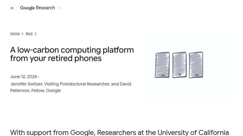 Screenshot of research.google: A low-carbon computing platform from your retired phones