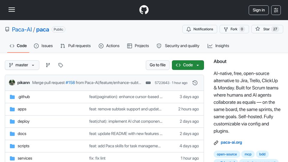 Screenshot of github.com: Show HN: Paca – Lightweight Jira alternative for human-AI collaboration