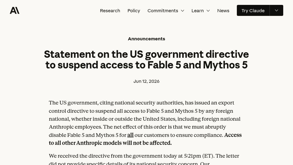Screenshot of anthropic.com: Statement on US government directive to suspend access to Fable 5 and Mythos 5
