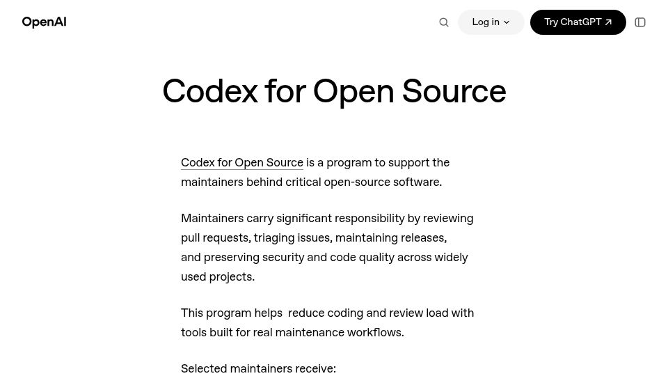 Screenshot of openai.com: Codex for open source